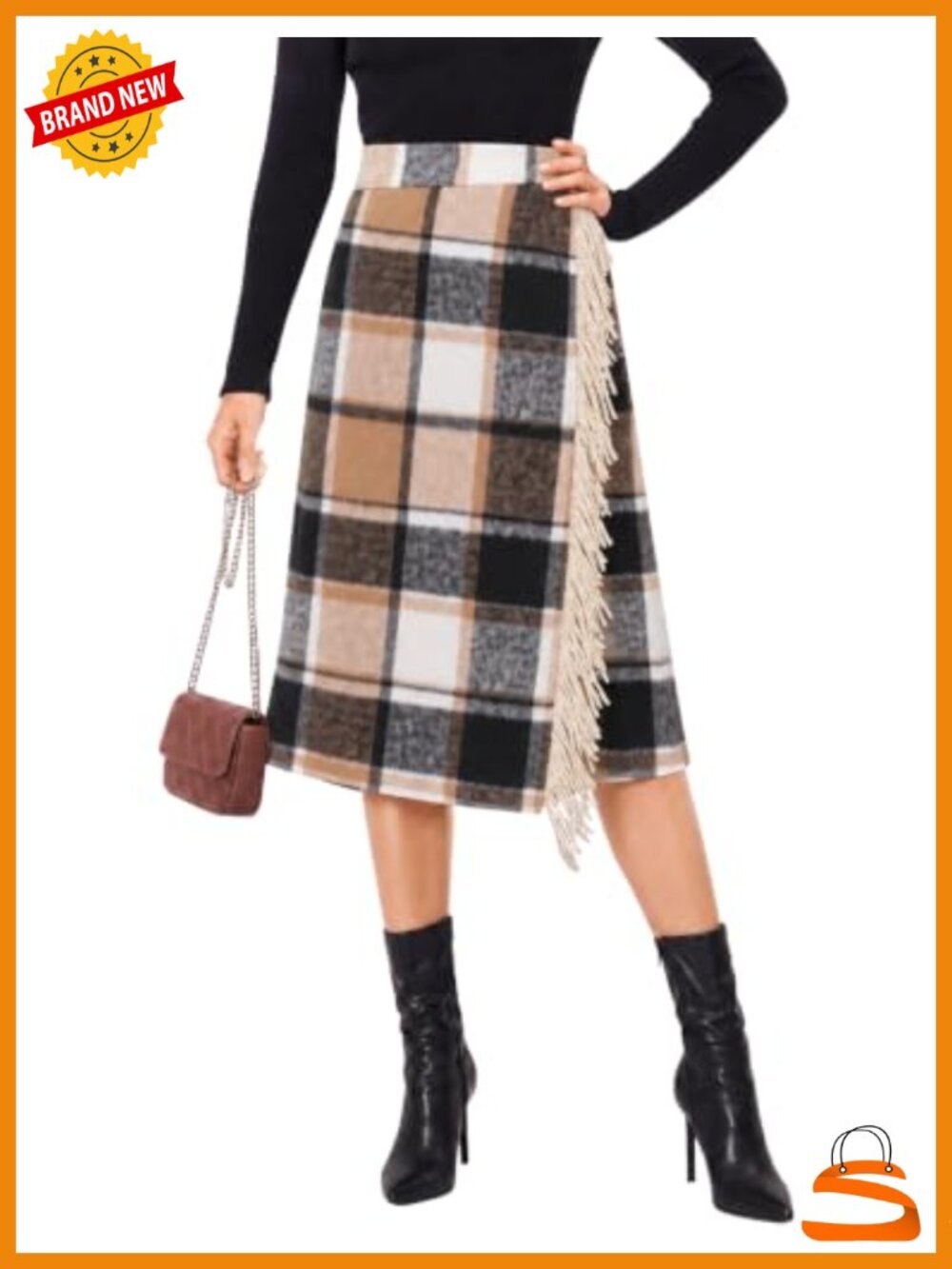 Wool Blend Plaid Wrap Midi Skirt A-Line Fringe Trim Side Slit Fall Winter